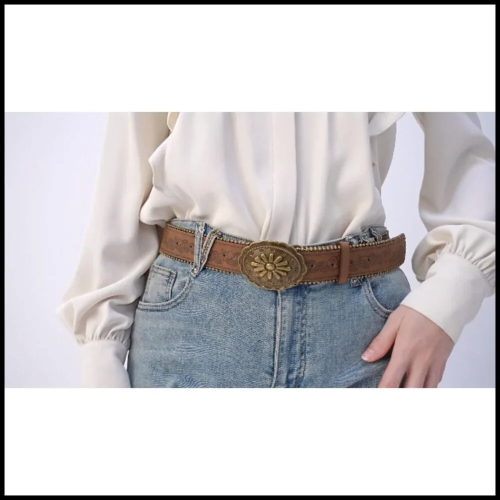 Western PU Leather Belt Floral Embossed Vintage Buckle Cowgirl Cowboy Style - Picture 7 of 7